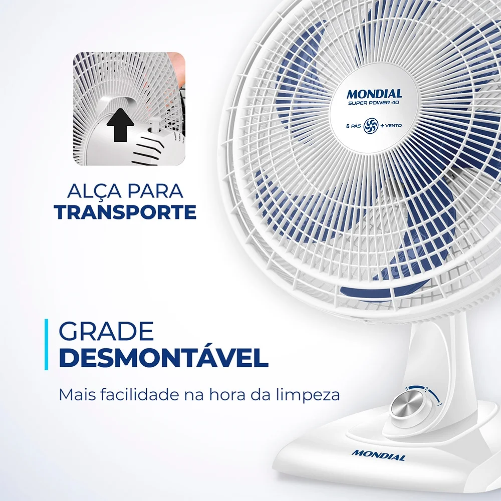 Ventilador de Mesa Mondial VSP-40-W 40cm, 6 Pás, 140W, Branco/Azul, 220V